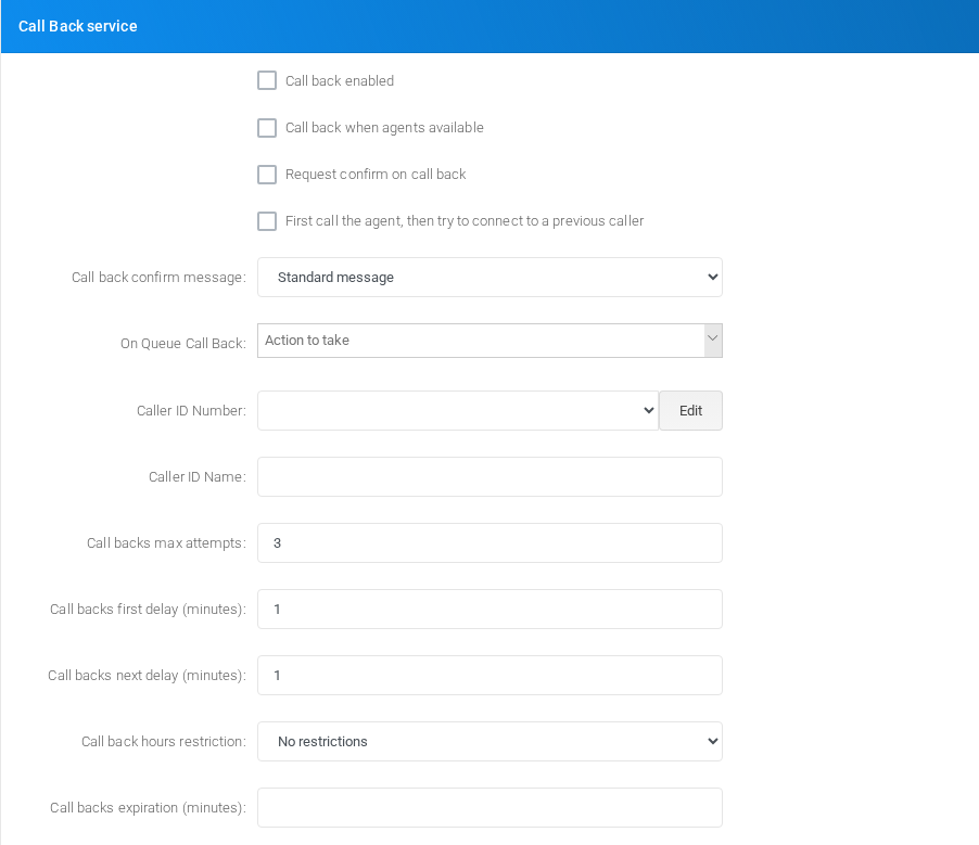 Call Back service section on the edit form.