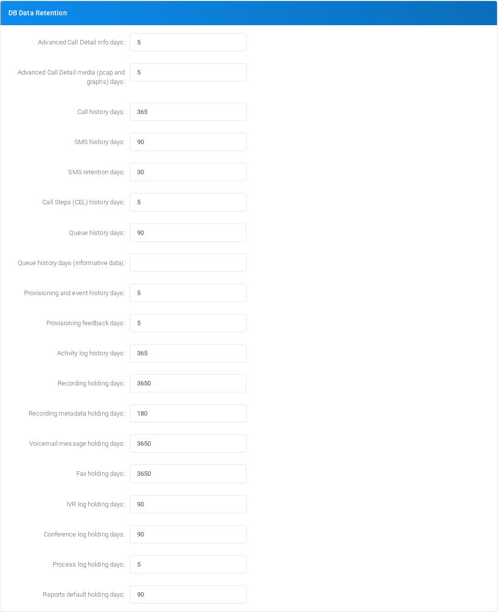Admin Settings DB Data Retention section with Recording metadata holding days shown with fictional documentation data.