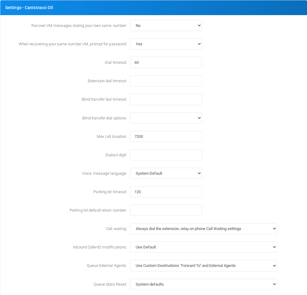 Settings list page in the Canistracci OIL tenant.