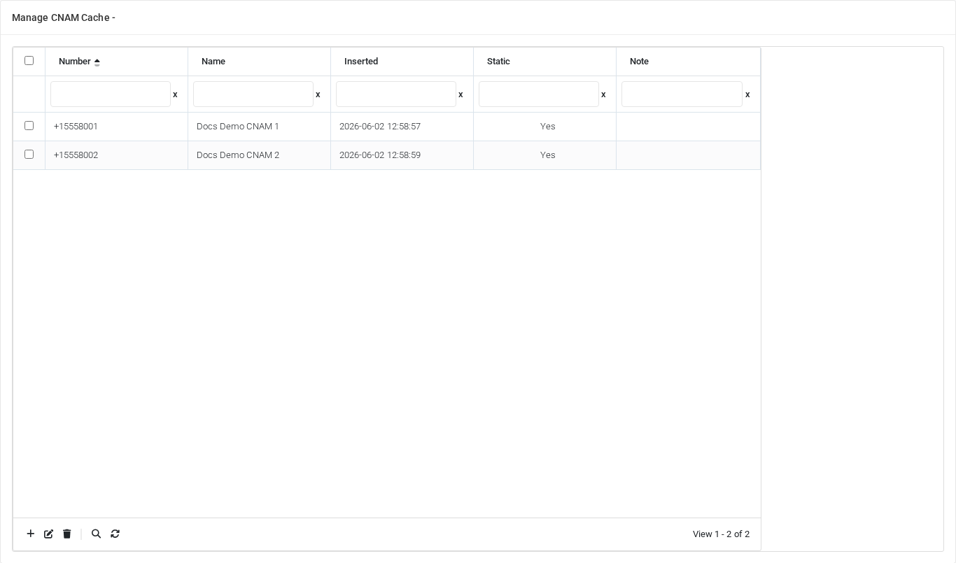 Manage CNAM Cache list page in the Canistracci OIL tenant.
