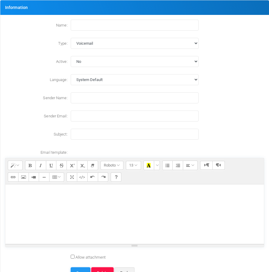 Email Templates add/edit form.