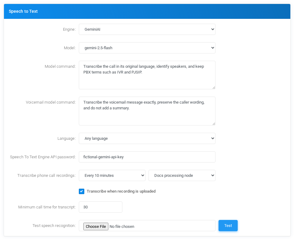 Admin Settings Speech to Text configuration for GeminiAI with fictional documentation values.