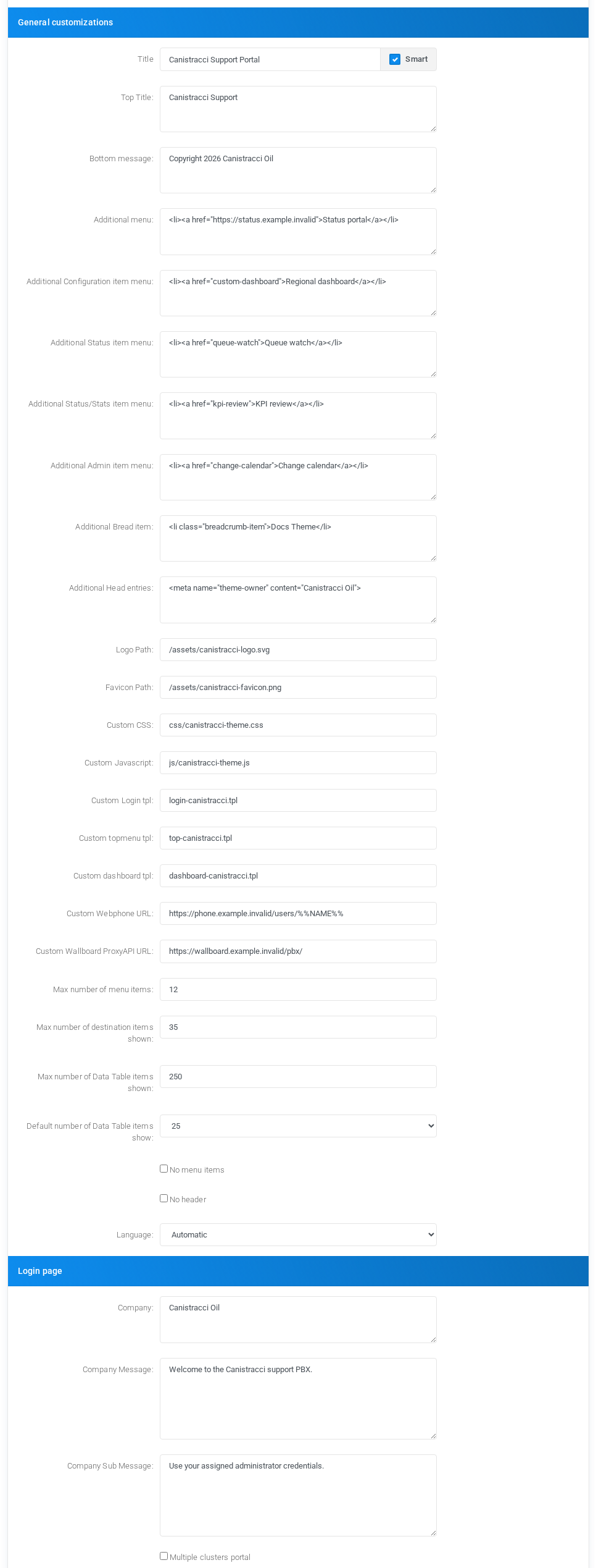 Theme editor customization and login-page fields with fictional values.