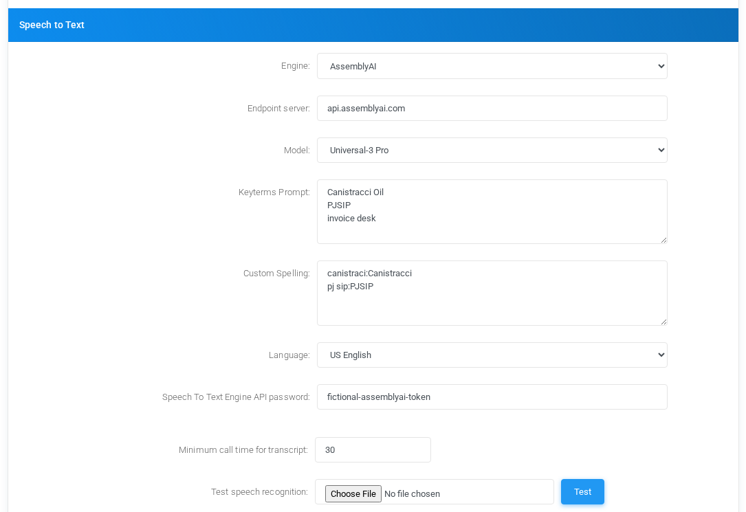 Speech to Text settings for AssemblyAI with fictional documentation values.