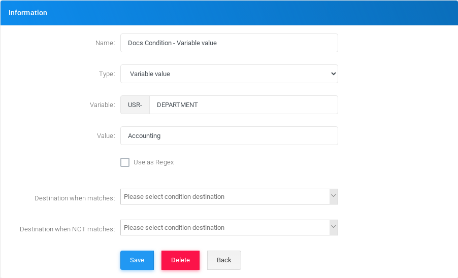 Variable value condition edit form in the Canistracci OIL tenant.