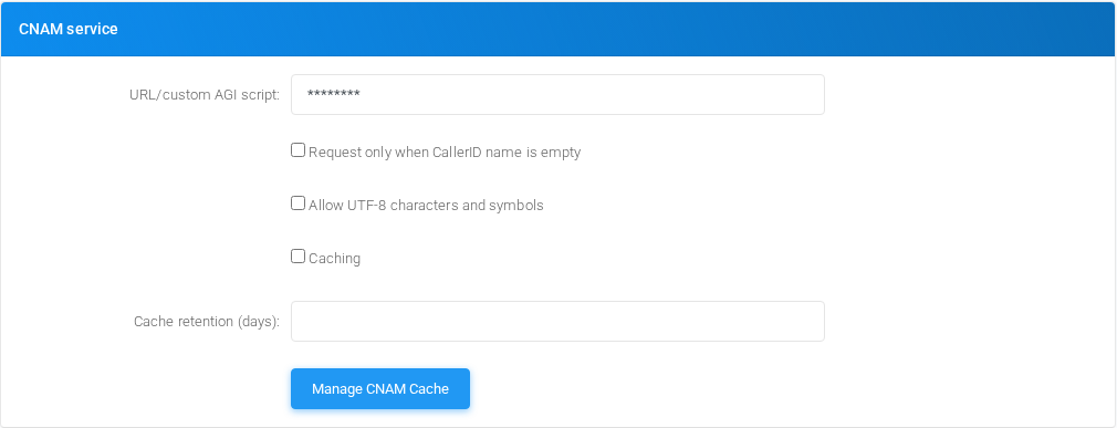 CNAM service section of Admin Settings.