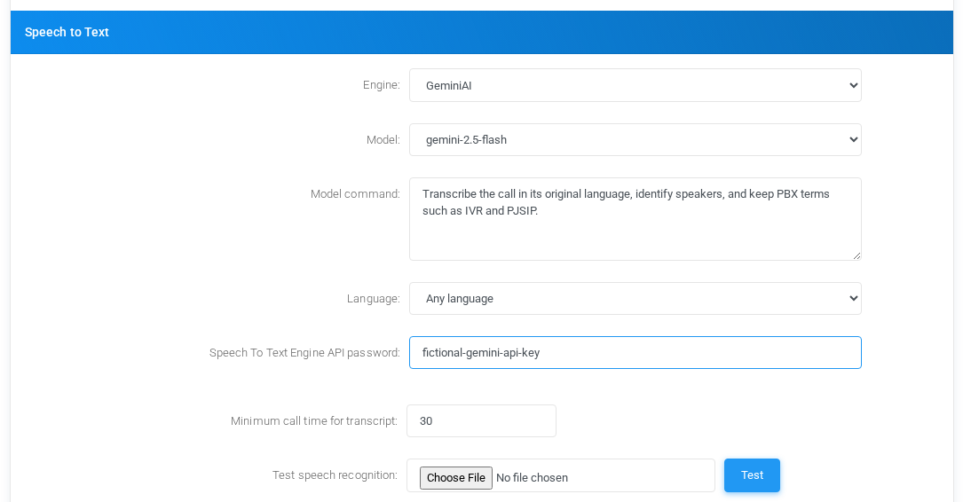 Speech to Text settings for GeminiAI with fictional documentation values.