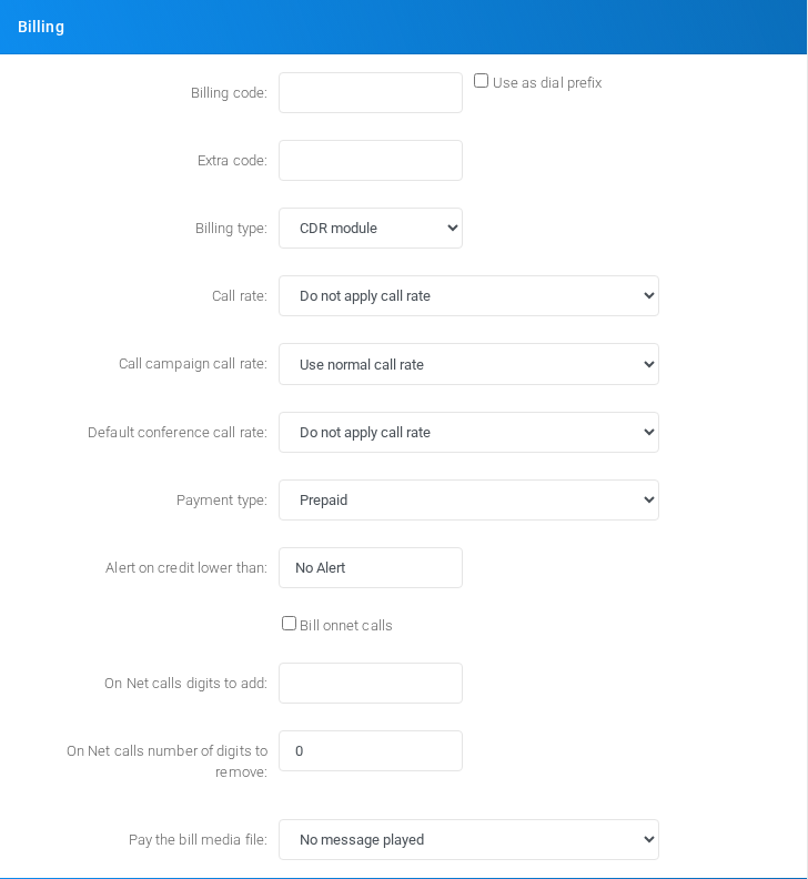 Billing section of the Define Tenant form.