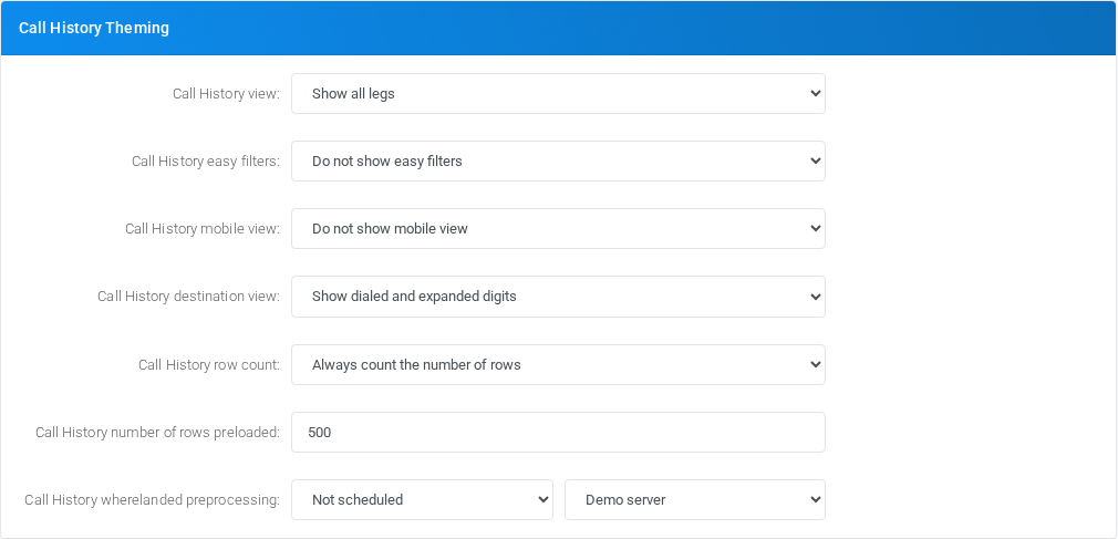 Call History Theming section of Admin Settings.