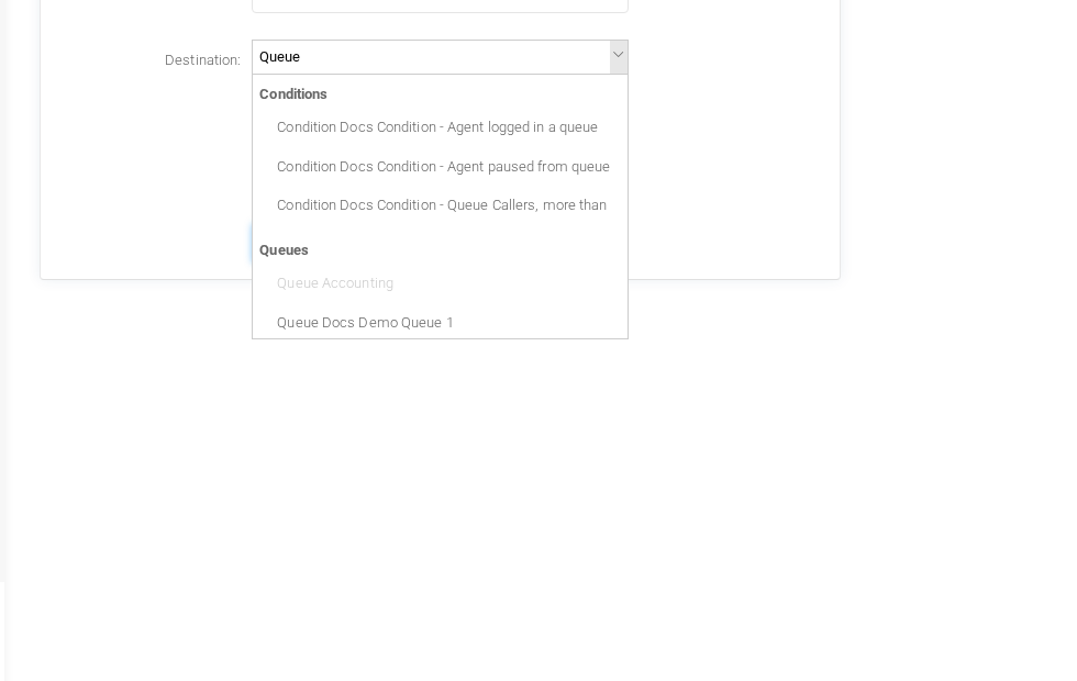 Filtering the Destination field by typing Queue in the multiselect search input.