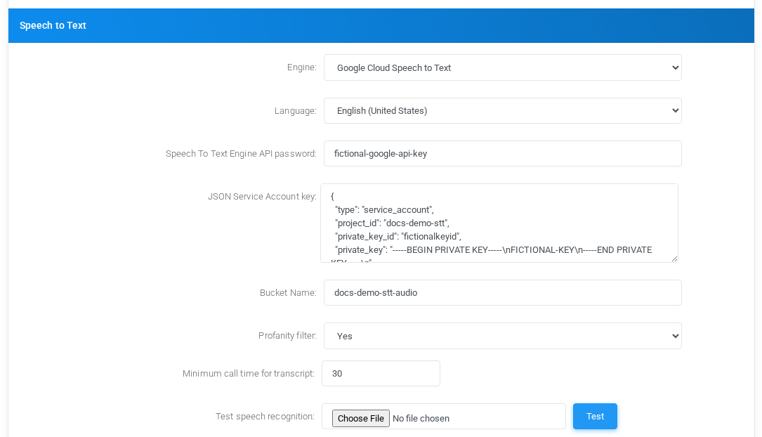 Speech to Text settings for Google Cloud Speech to Text with fictional documentation values.