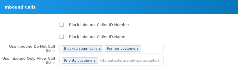 Inbound Calls section for chan_sip extension 100 with fictional inbound caller-list selections.