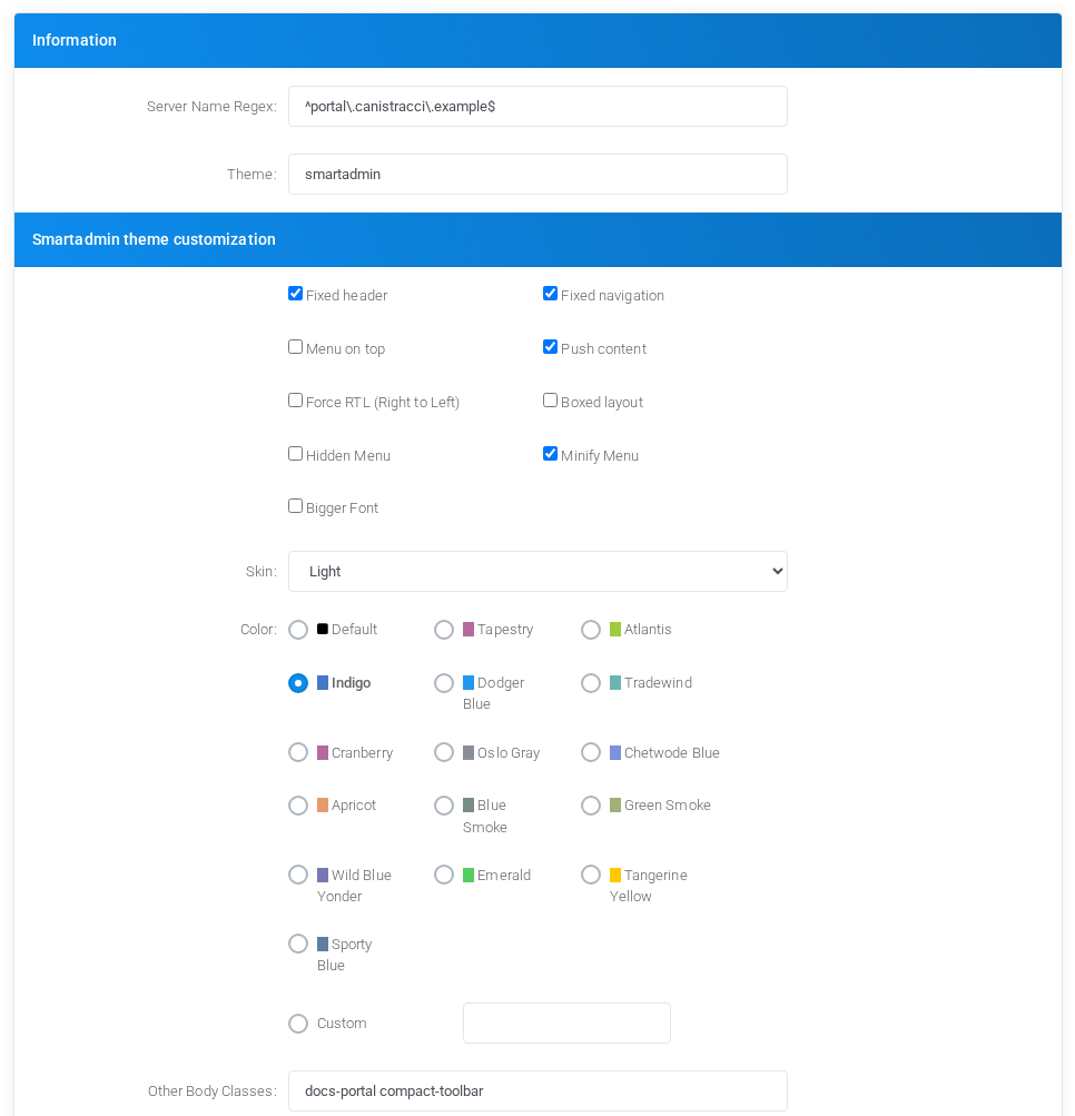 Theme editor identity and Smartadmin layout options with fictional values.