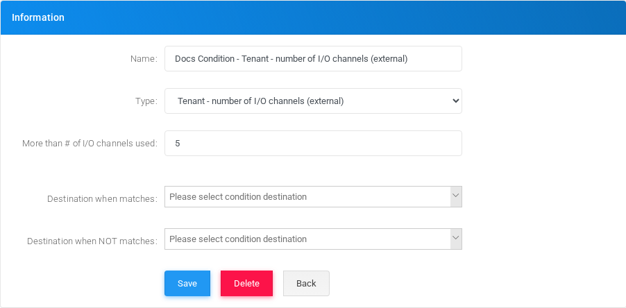 Tenant - number of I/O channels (external) condition edit form in the Canistracci OIL tenant.