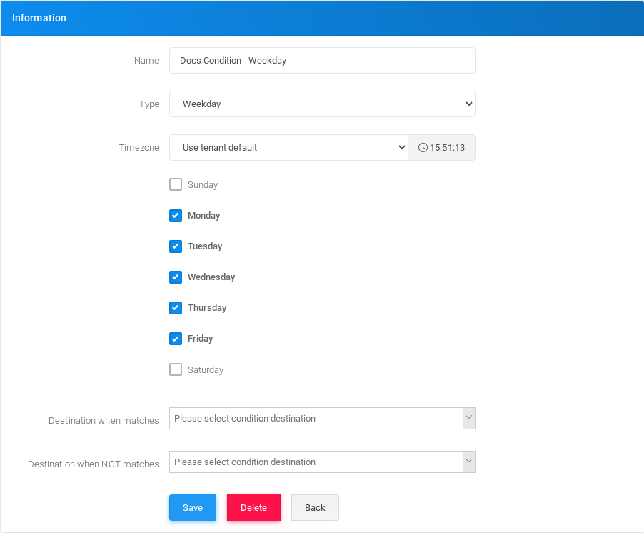 Weekday condition edit form in the Canistracci OIL tenant.