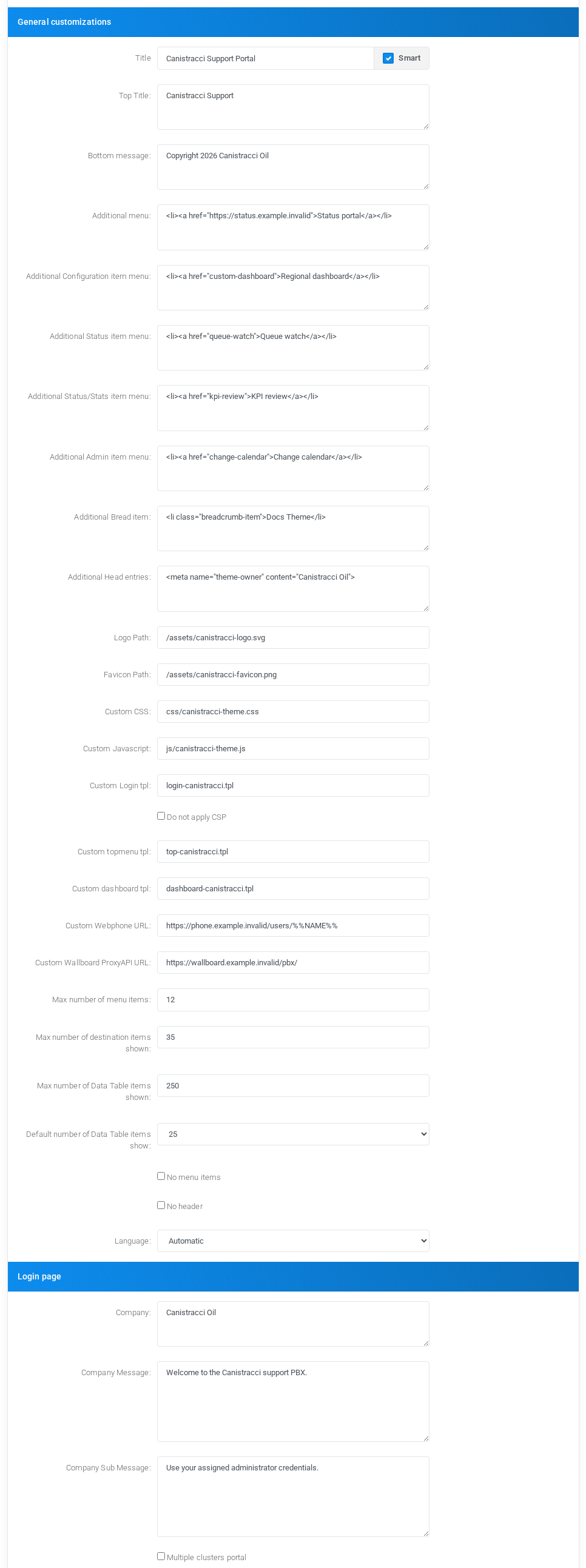 Theme editor customization and login-page fields with fictional values.