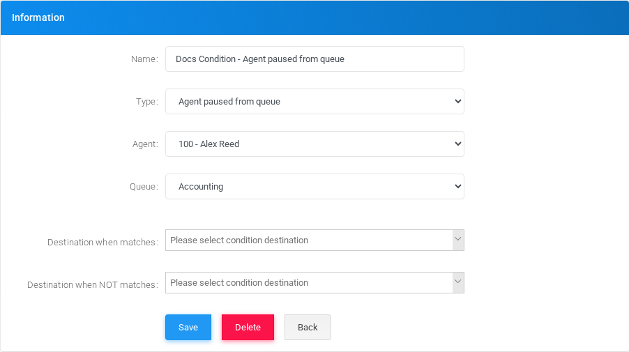 Agent paused from queue condition edit form in the Canistracci OIL tenant.