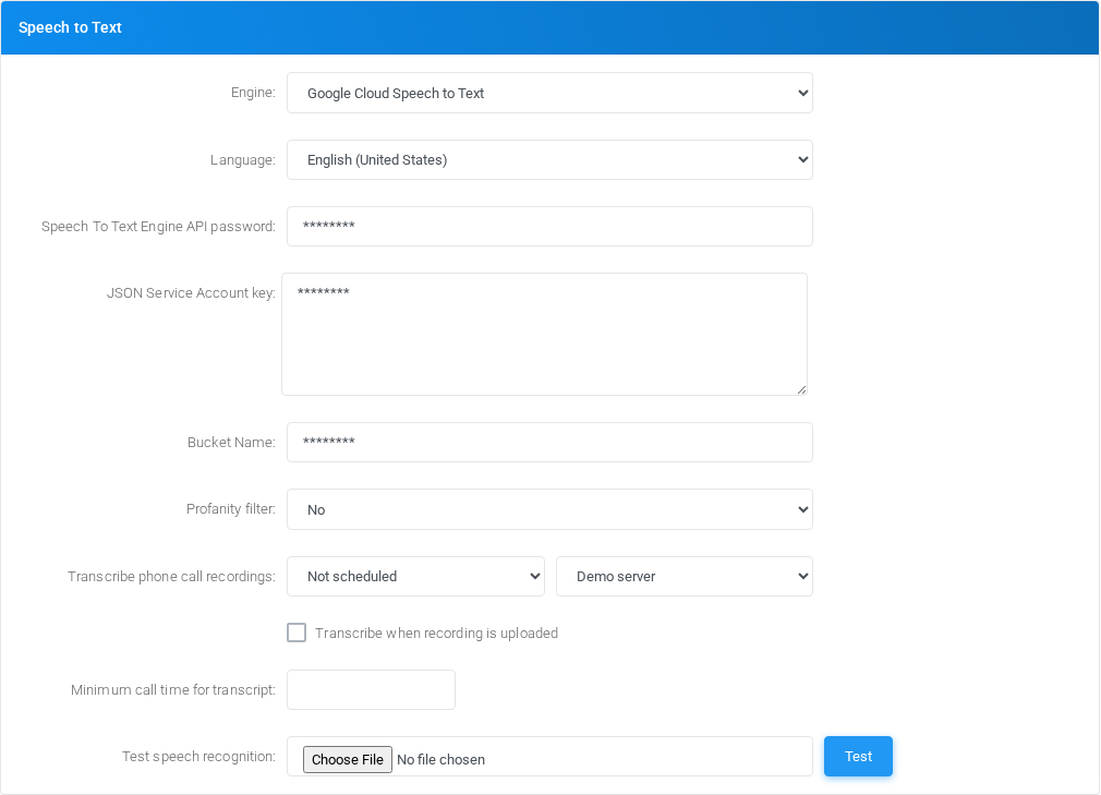 Speech to Text section of Admin Settings.