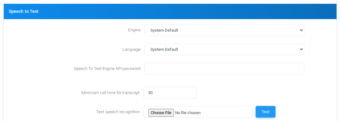 Speech to Text settings for System Default with fictional documentation values.