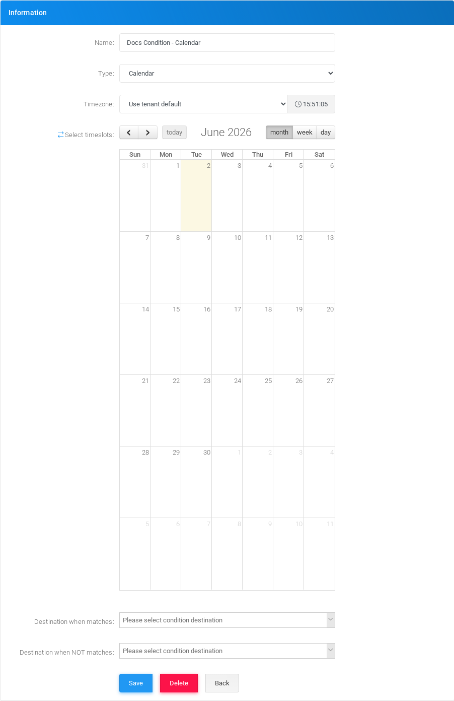 Calendar condition edit form in the Canistracci OIL tenant.