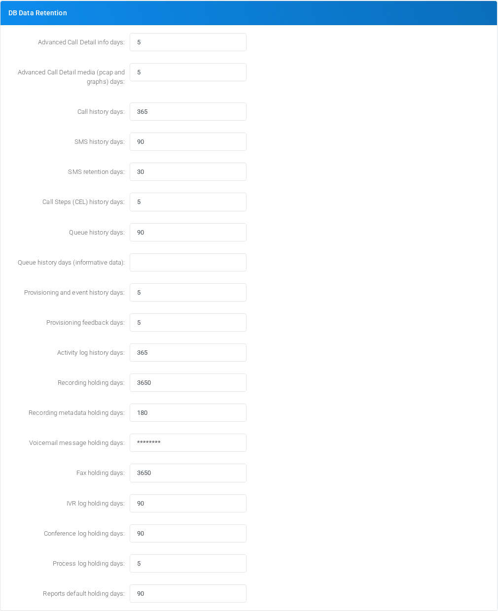 Admin Settings DB Data Retention section with Recording metadata holding days shown with fictional documentation data.