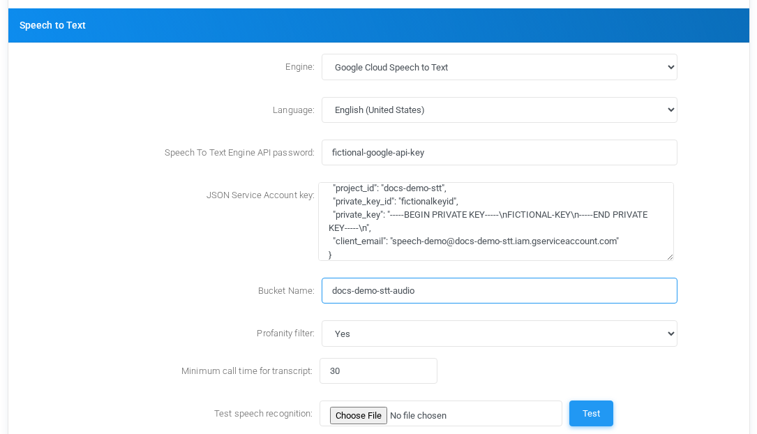 Speech to Text settings for Google Cloud Speech to Text with fictional documentation values.