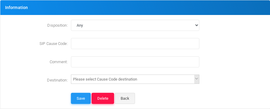 SIP Cause Codes add/edit form.