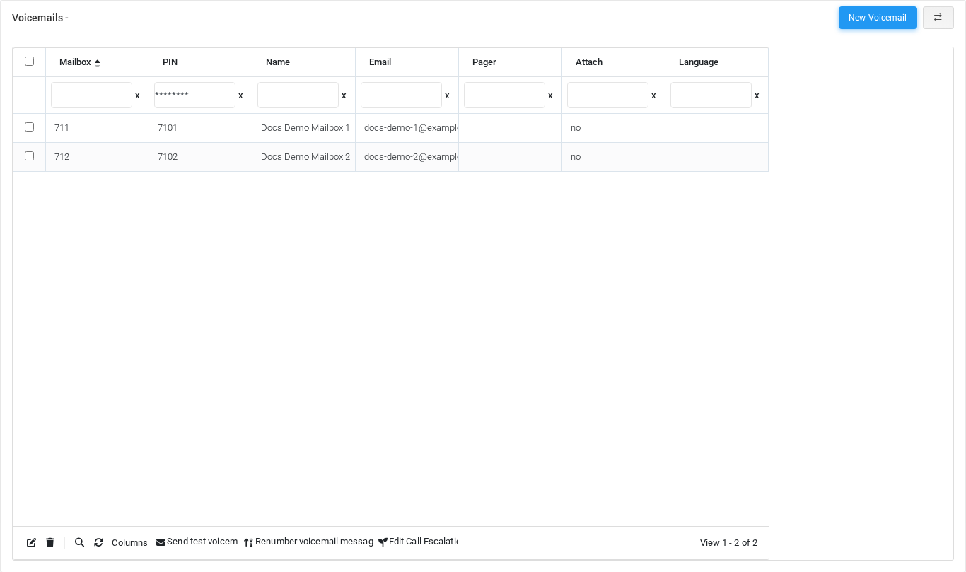 Voicemails page in jqGrid display mode.