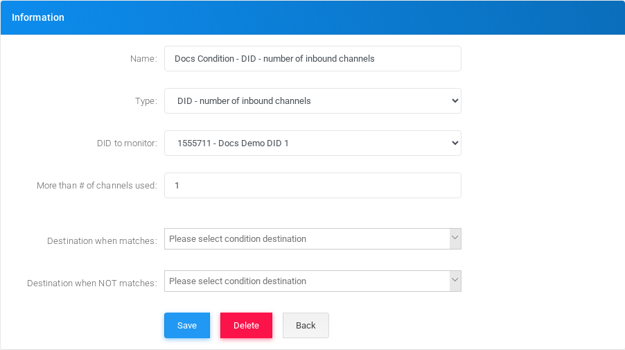 DID - number of inbound channels condition edit form in the Canistracci OIL tenant.