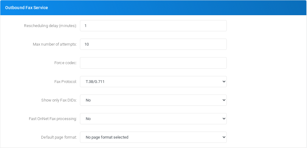 Outbound Fax Service section of Admin Settings.
