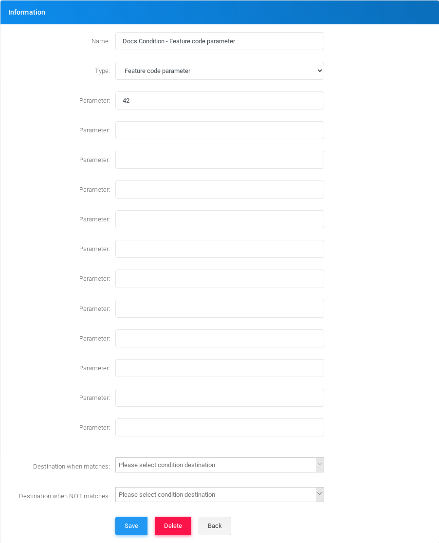 Feature code parameter condition edit form in the Canistracci OIL tenant.