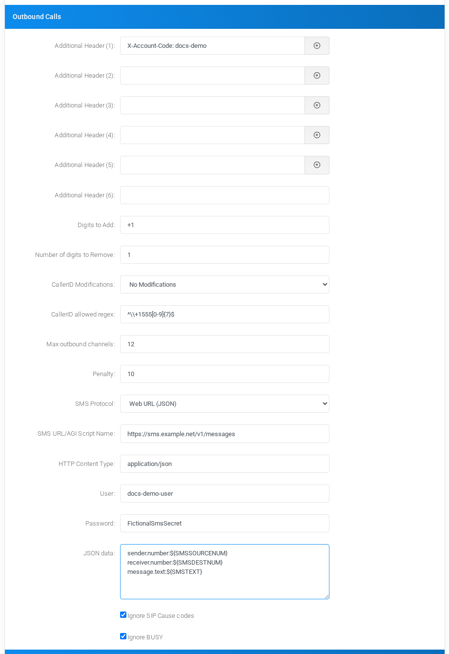 SMS provider options shown with fictional JSON Web URL values.
