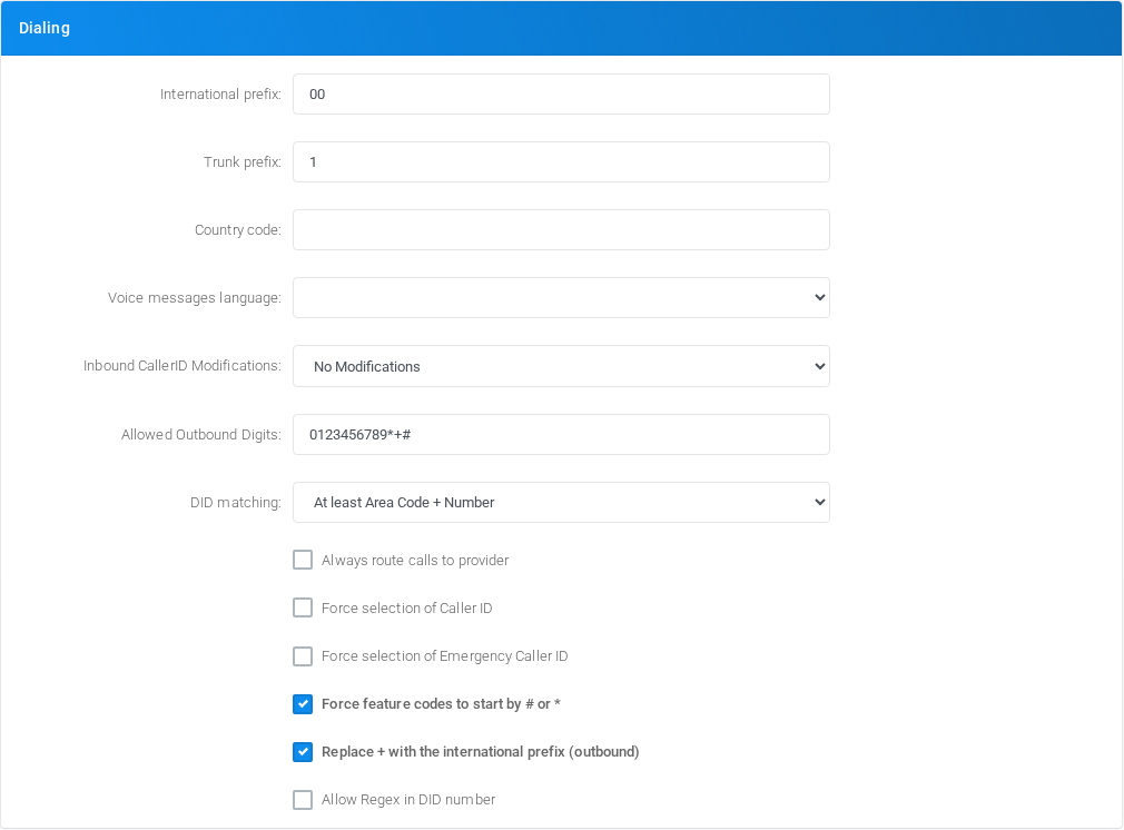 Dialing section of Admin Settings.