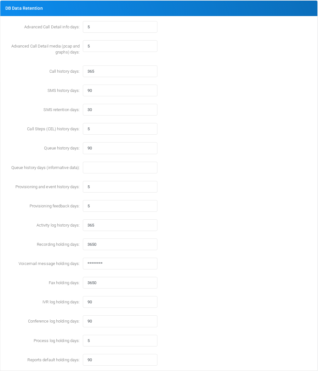 DB Data Retention section of Admin Settings.