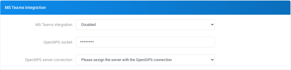 MS Teams integration section of Admin Settings.