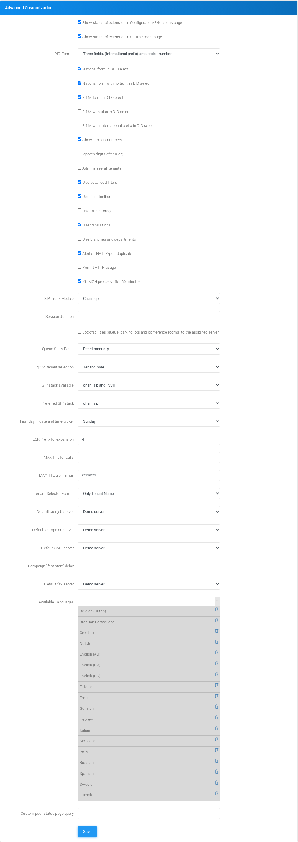 Advanced Customization section of Admin Settings.