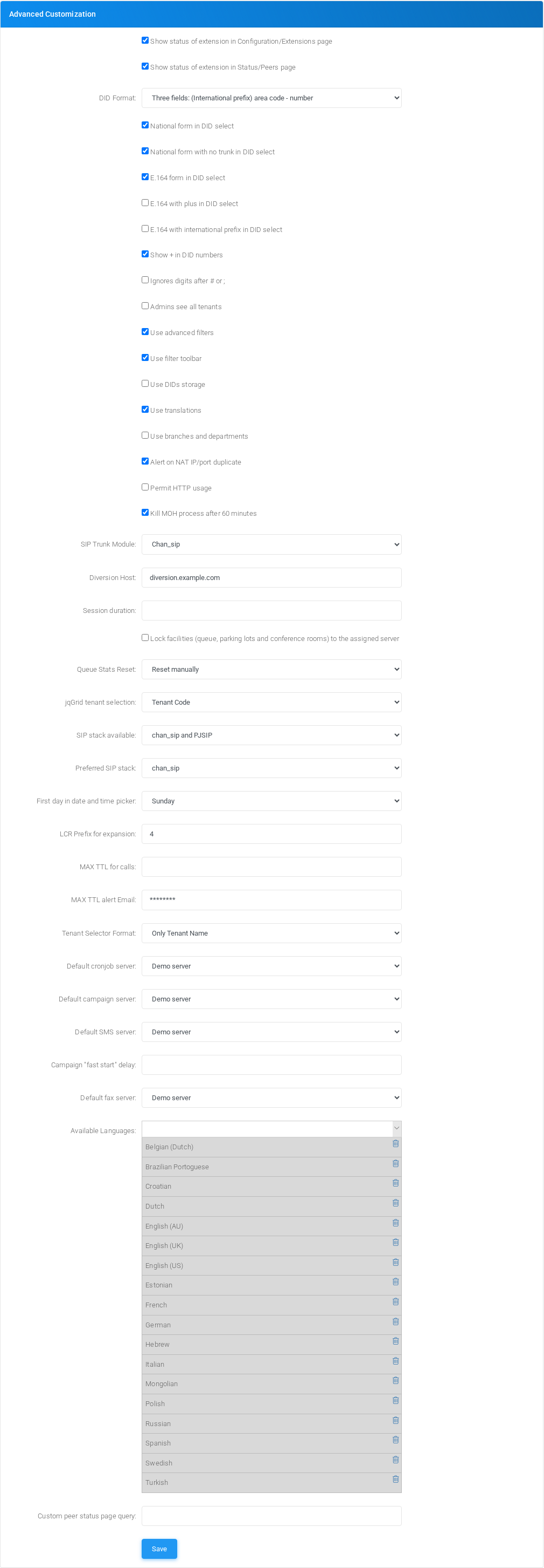 Admin Settings Advanced Customization section with the Diversion Host setting shown with fictional documentation data.