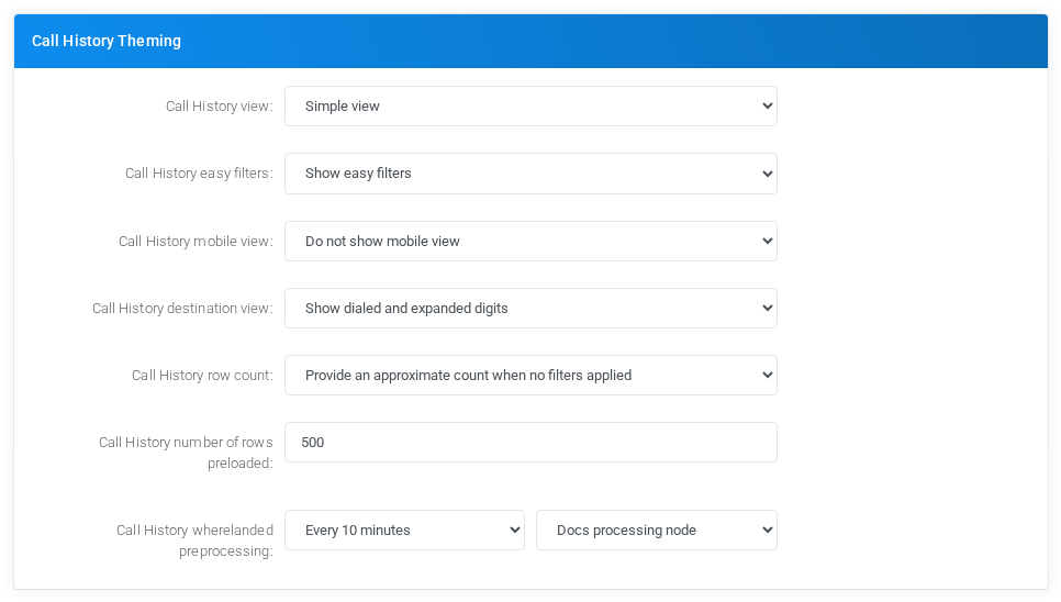 Admin Settings Call History Theming section showing the default Call History view controls.