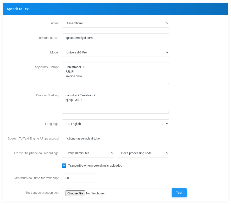 Admin Settings Speech to Text configuration for AssemblyAI with fictional documentation values.