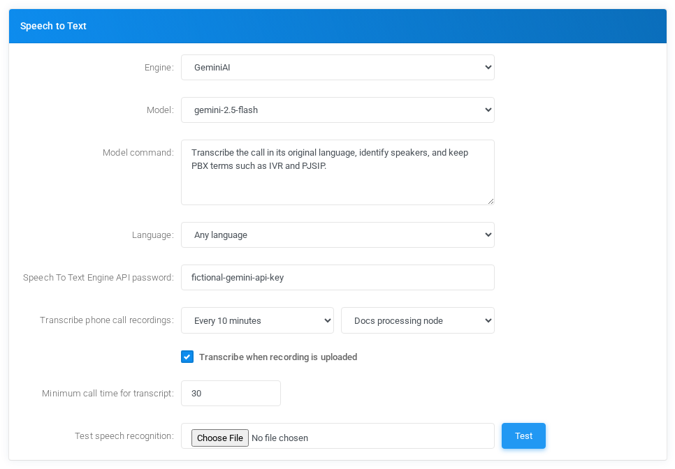 Admin Settings Speech to Text configuration for GeminiAI with fictional documentation values.