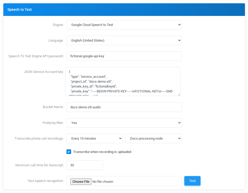 Admin Settings Speech to Text configuration for Google Cloud Speech to Text with fictional documentation values.
