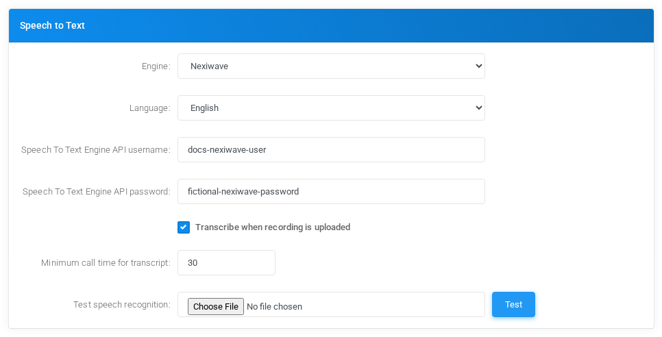 Admin Settings Speech to Text configuration for Nexiwave with fictional documentation values.