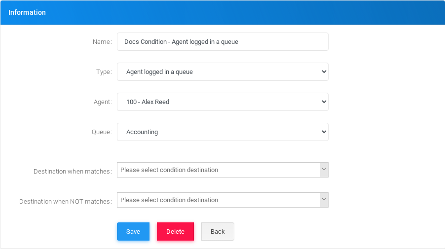 Agent logged in a queue condition edit form in the Canistracci OIL tenant.