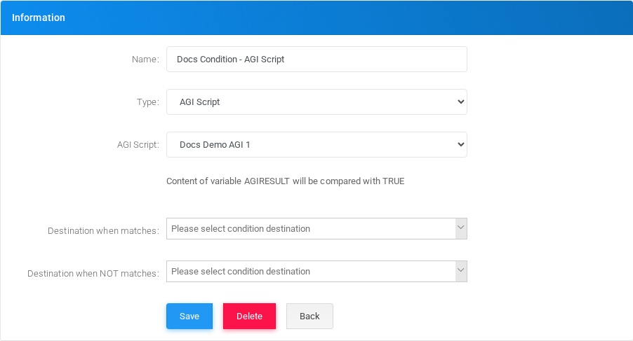 AGI Script condition edit form in the Canistracci OIL tenant.