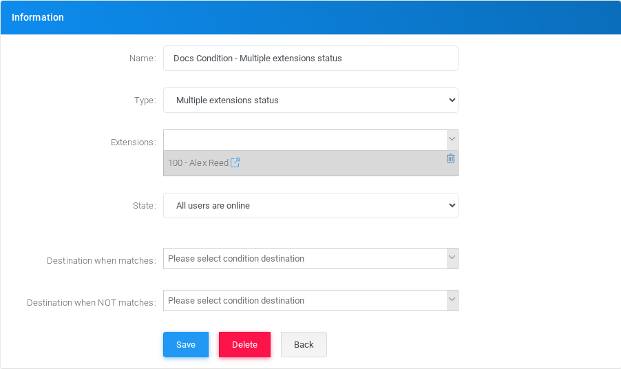 Multiple extensions status condition edit form in the Canistracci OIL tenant.
