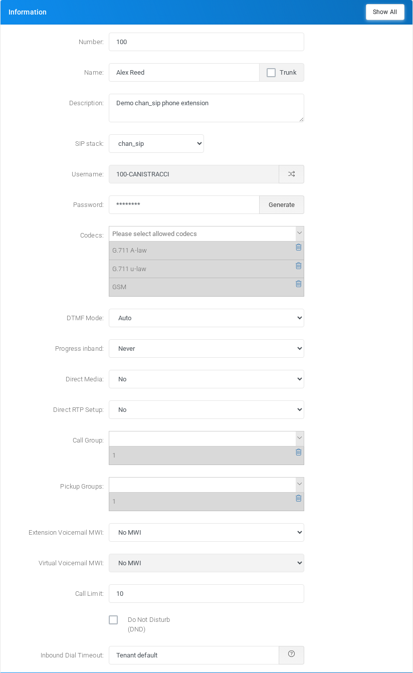 Information section for chan_sip extension 100.