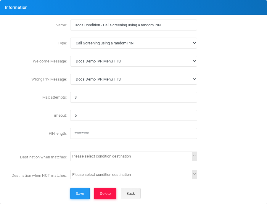 Call Screening using a random PIN condition edit form in the Canistracci OIL tenant.