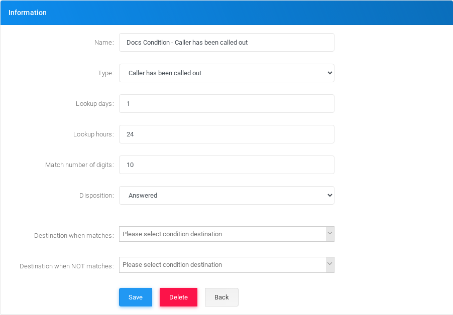 Caller has been called out condition edit form in the Canistracci OIL tenant.