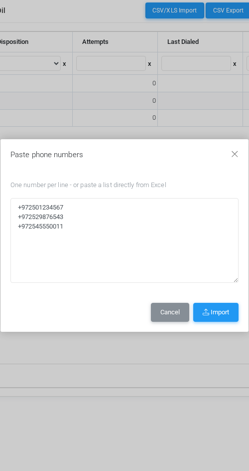 Paste phone numbers modal with one number per line.