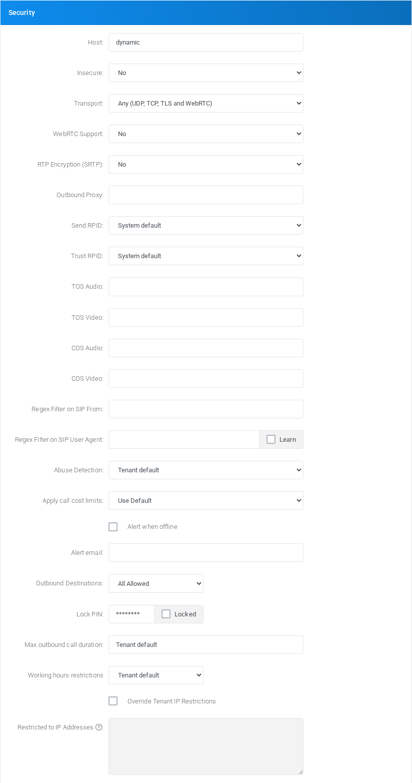 Security section for chan_sip extension 100.